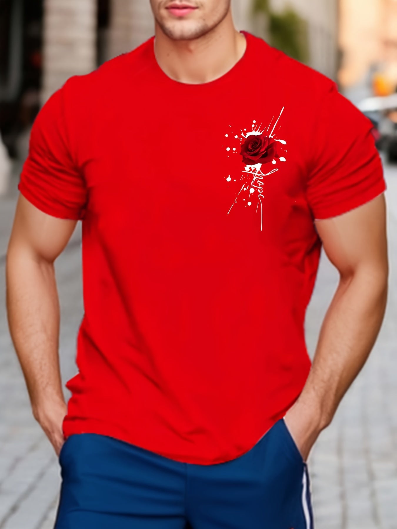 Flower printed T-shirt for men's casual style, summer and autumn micro elastic round neck T-shirt
