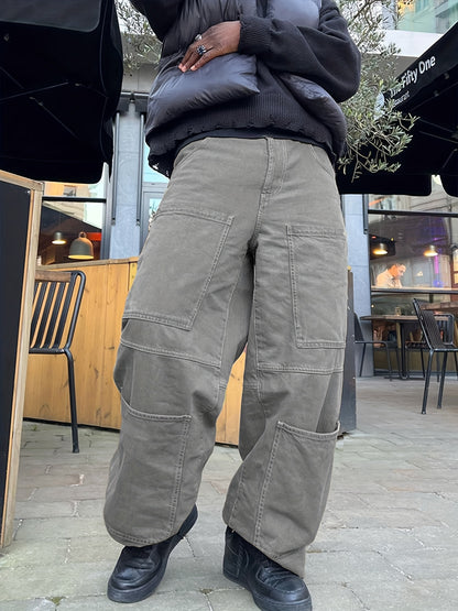 Retro Denim Men's Straight Leg Cargo Pants, Loose Baggy Pants Casual Outdoor Jeans Pants, Work Pants Hipster Streetwear Hiphop Rapper Style For Men