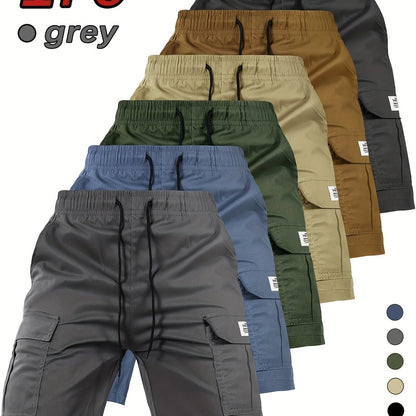 [Summer Cargo Shorts] Breathable Polyester Men's Casual Cargo Shorts with Drawstring Waist, Flap Pockets & Letter Patch | Regular Fit, Solid Color for Summer