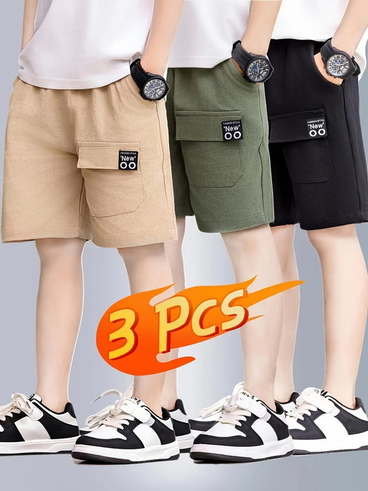 3-Pack Boys Summer Shorts, Thin Cotton Casual Cargo Shorts, Mid-Length, Versatile For Boys