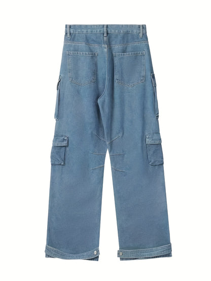 Men's Trendy Multi Flap Pocket Trousers, Wide Leg Loose Casual Outdoor Baggy Pants, Men's Jean Work Pants Outdoors K-pop