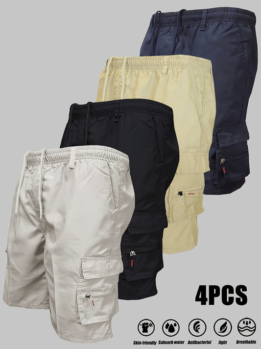 4pcs Men's Loose Fit Elastic Waist Cargo Shorts - Mixed Colors, Side Pockets, Comfortable for Summer Outdoor Leisure and Work Activities
