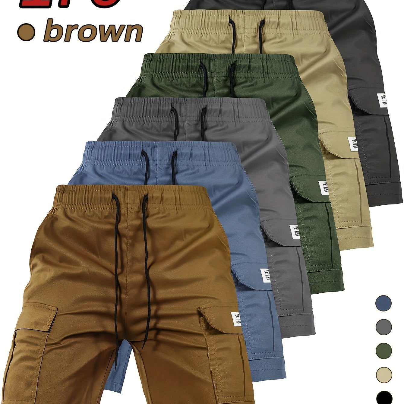 [Summer Cargo Shorts] Breathable Polyester Men's Casual Cargo Shorts with Drawstring Waist, Flap Pockets & Letter Patch | Regular Fit, Solid Color for Summer