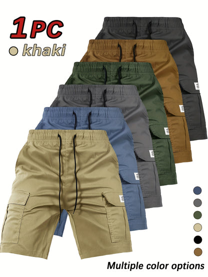 [Summer Cargo Shorts] Breathable Polyester Men's Casual Cargo Shorts with Drawstring Waist, Flap Pockets & Letter Patch | Regular Fit, Solid Color for Summer