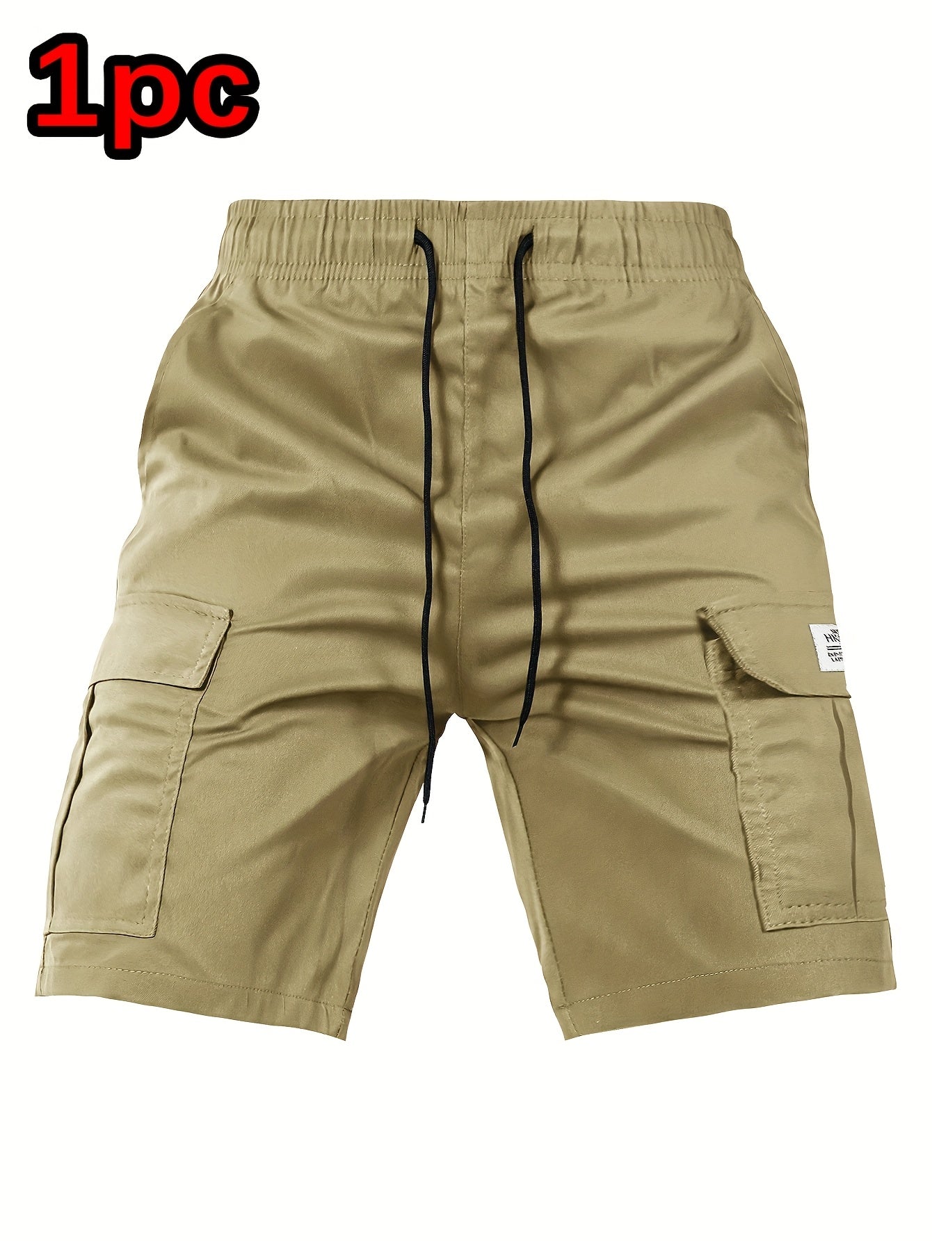 [Summer Cargo Shorts] Breathable Polyester Men's Casual Cargo Shorts with Drawstring Waist, Flap Pockets & Letter Patch | Regular Fit, Solid Color for Summer
