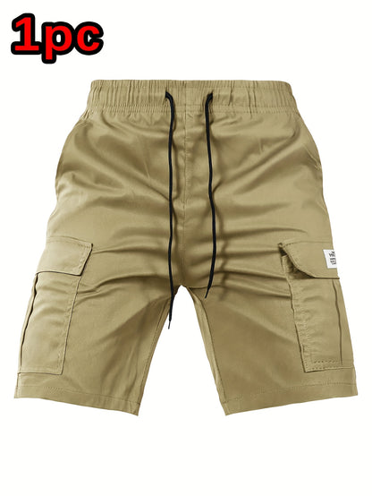 [Summer Cargo Shorts] Breathable Polyester Men's Casual Cargo Shorts with Drawstring Waist, Flap Pockets & Letter Patch | Regular Fit, Solid Color for Summer
