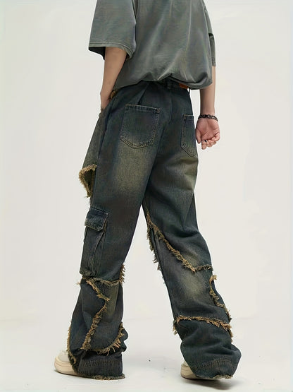 YASUYUAN Men's Comfort-Fit Jeans - Relaxed Streetwear Denim with Raw Edge, Versatile Baggy Pants for Everyday Cool