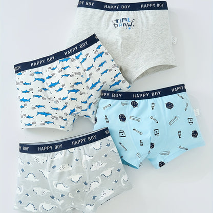 4pcs Boys Cotton Underwear Soft Breathable Cartoon Pattern Comfy Boxers Briefs