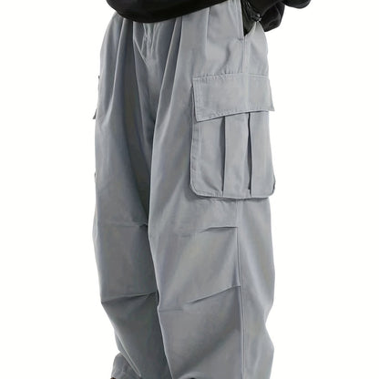 Loose Casual Men's Straight Leg Cargo Pants - Solid Multi Flap Pockets Outdoor Baggy Pants - Work Pants Streetwear