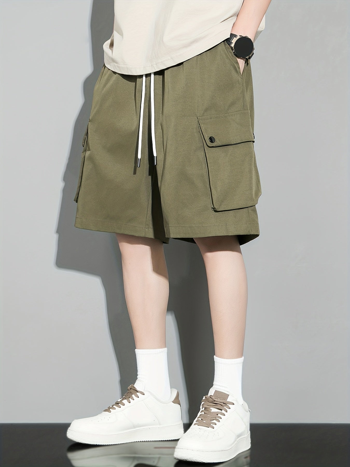 [Popular Choice] Men's Solid Color Drawstring Cargo Shorts, Polyester, Non-Stretch Fabric, Summer Casual Wear