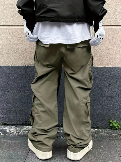 Solid Multi Flap Pockets Men's Straight Leg Cargo Pants, Loose Casual Outdoor Pants, Men's Work Pants Baggy Pants Trendy Streetwear K-pop