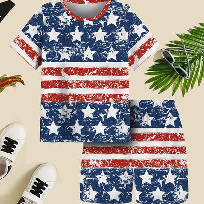 1set Boys' Fashion 3D Digital Printed T-Shirt and Shorts Set, Casual Style, Round Neck, Regular Sleeve, Short Length, Summer Season, Polyester (95%) and Spandex (5%), Geometric Pattern, Breathable Quick-Dry Sports Leisurewear