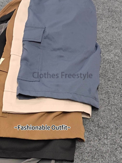 [Summer Cargo Shorts] Breathable Polyester Men's Casual Cargo Shorts with Drawstring Waist, Flap Pockets & Letter Patch | Regular Fit, Solid Color for Summer