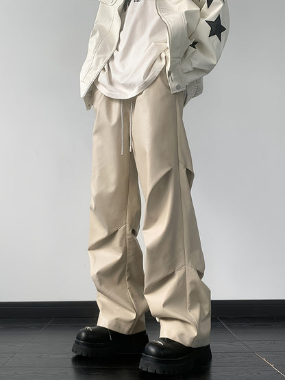 [Loose Fit Faux Leather Pants] Men's Chic Loose Fit Faux Leather Pants, Street Style Baggy Pants K-pop