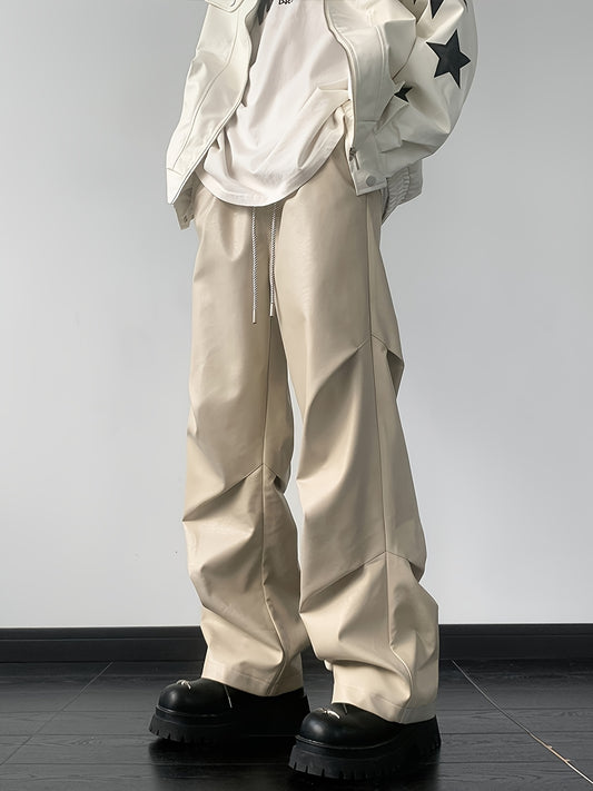 [Loose Fit Faux Leather Pants] Men's Chic Loose Fit Faux Leather Pants, Street Style Baggy Pants K-pop