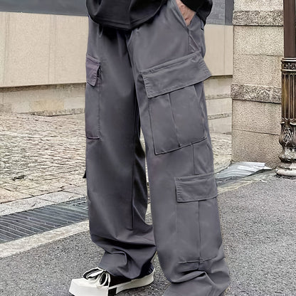 Solid Multi Flap Pockets Men's Straight Leg Cargo Pants, Loose Casual Outdoor Pants, Men's Work Pants Baggy Pants Trendy Streetwear K-pop