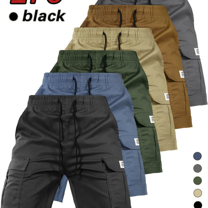 [Summer Cargo Shorts] Breathable Polyester Men's Casual Cargo Shorts with Drawstring Waist, Flap Pockets & Letter Patch | Regular Fit, Solid Color for Summer