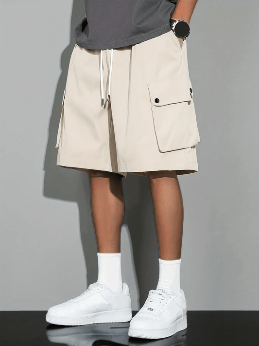 [Popular Choice] Men's Solid Color Drawstring Cargo Shorts, Polyester, Non-Stretch Fabric, Summer Casual Wear