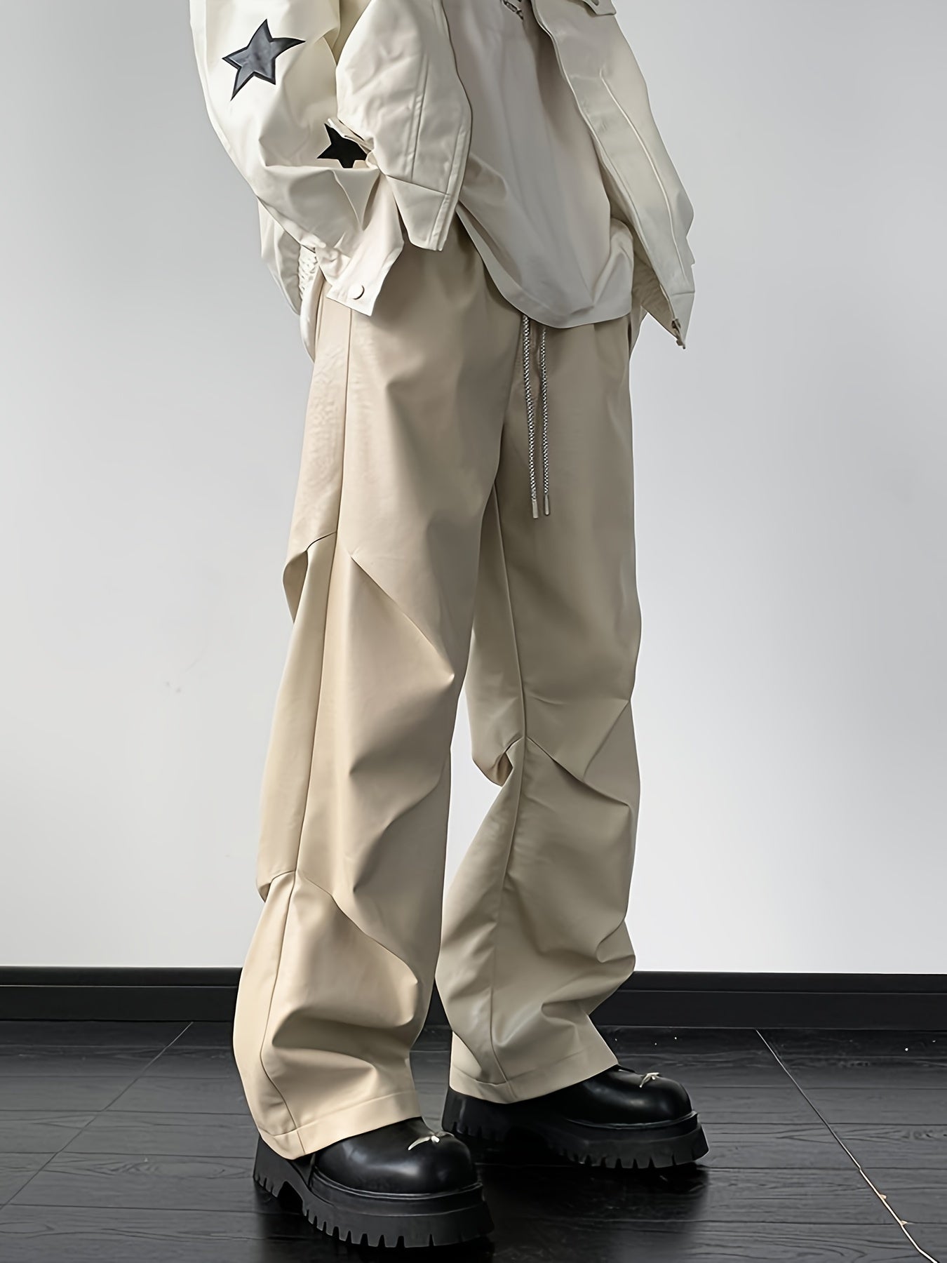 [Loose Fit Faux Leather Pants] Men's Chic Loose Fit Faux Leather Pants, Street Style Baggy Pants K-pop