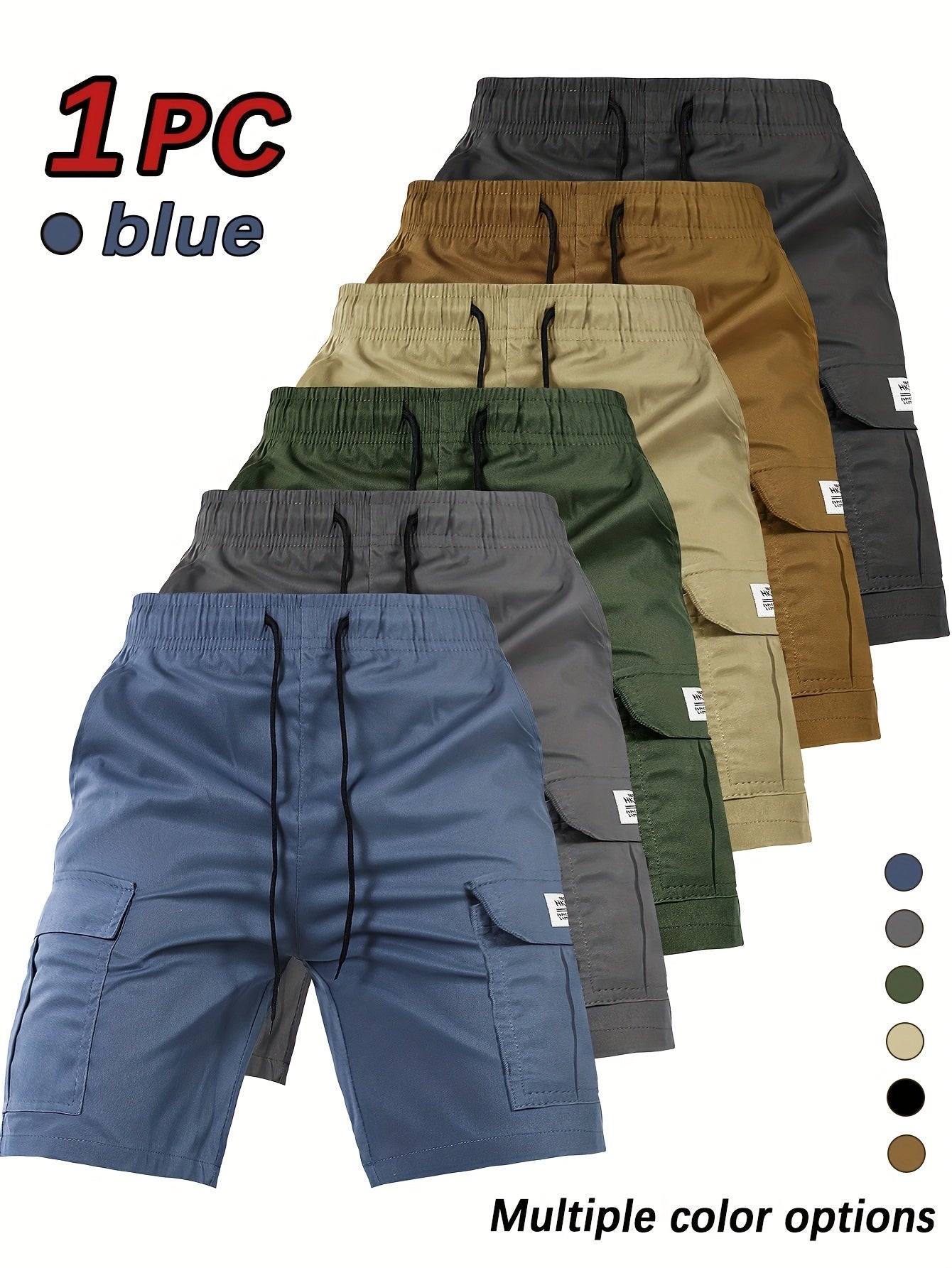 [Summer Cargo Shorts] Breathable Polyester Men's Casual Cargo Shorts with Drawstring Waist, Flap Pockets & Letter Patch | Regular Fit, Solid Color for Summer