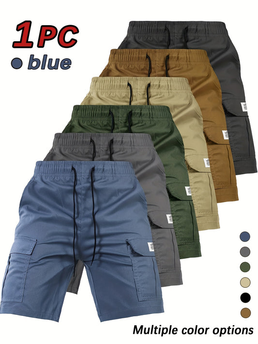 [Summer Cargo Shorts] Breathable Polyester Men's Casual Cargo Shorts with Drawstring Waist, Flap Pockets & Letter Patch | Regular Fit, Solid Color for Summer