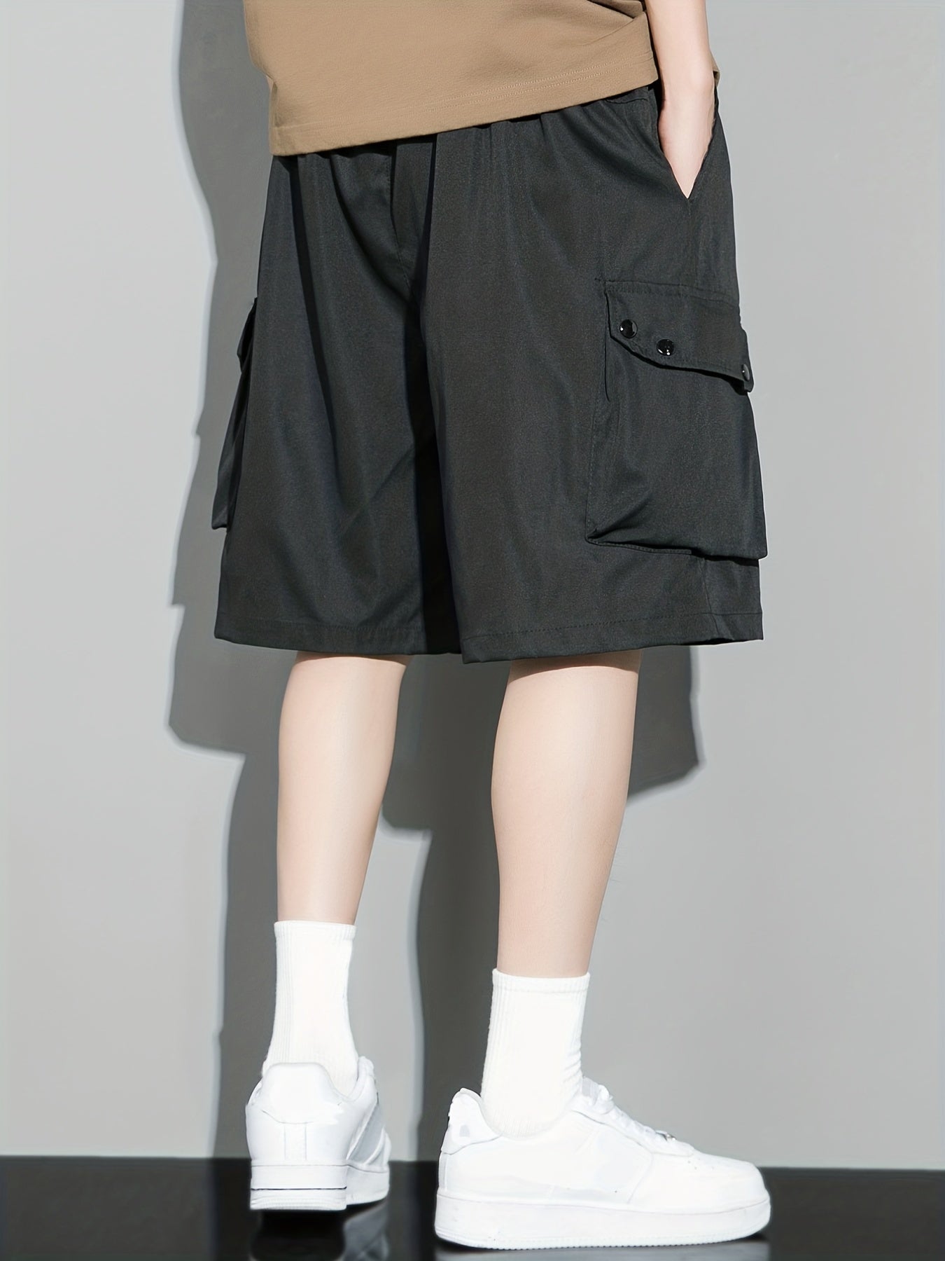 [Popular Choice] Men's Solid Color Drawstring Cargo Shorts, Polyester, Non-Stretch Fabric, Summer Casual Wear