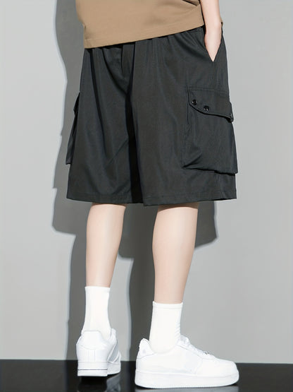 [Popular Choice] Men's Solid Color Drawstring Cargo Shorts, Polyester, Non-Stretch Fabric, Summer Casual Wear