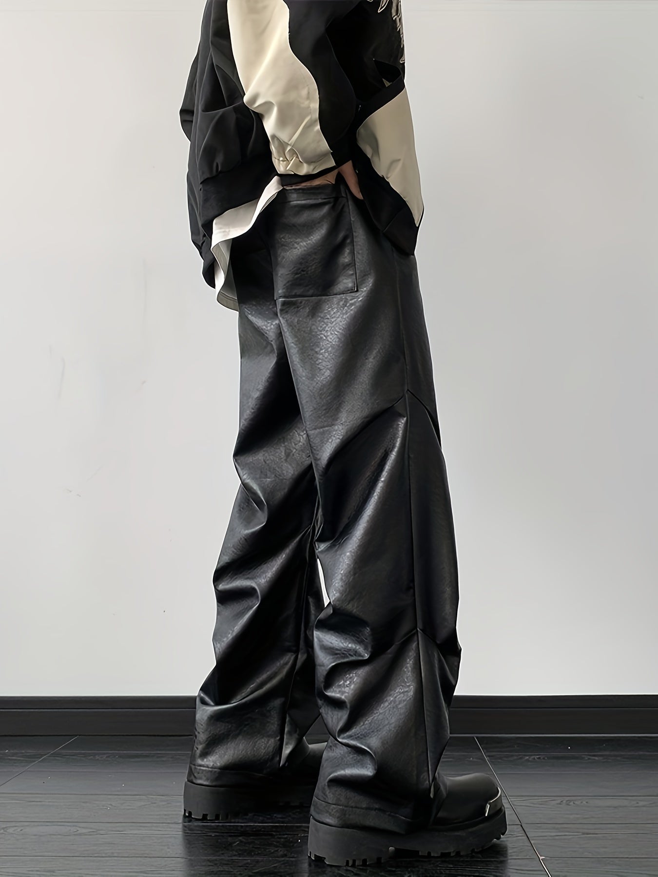 [Loose Fit Faux Leather Pants] Men's Chic Loose Fit Faux Leather Pants, Street Style Baggy Pants K-pop