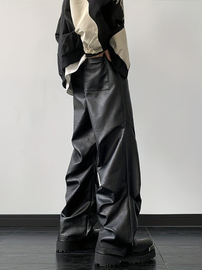 [Loose Fit Faux Leather Pants] Men's Chic Loose Fit Faux Leather Pants, Street Style Baggy Pants K-pop