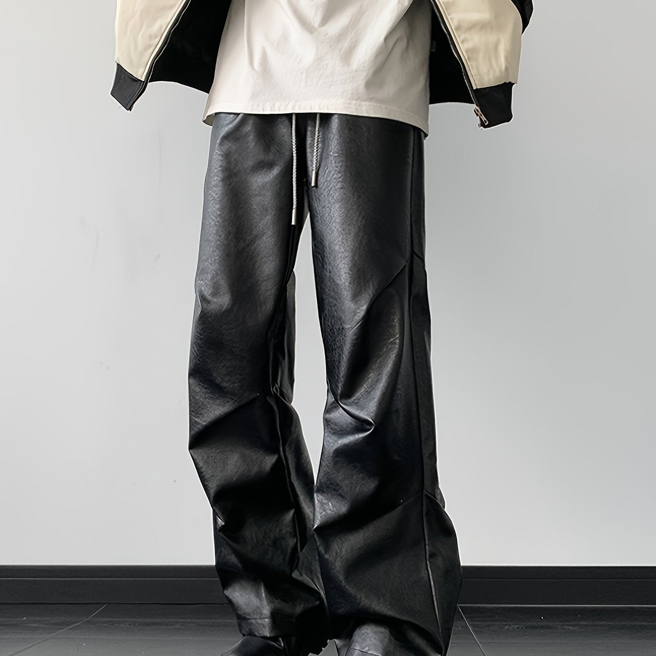 [Loose Fit Faux Leather Pants] Men's Chic Loose Fit Faux Leather Pants, Street Style Baggy Pants K-pop