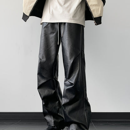[Loose Fit Faux Leather Pants] Men's Chic Loose Fit Faux Leather Pants, Street Style Baggy Pants K-pop