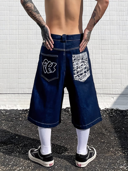 Mens Trendy Embroidered Denim Shorts - Loose Fit, Casual Street Style Jorts - Fashionable Capri Pants for a Relaxed Look