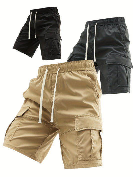 3pcs Men's Solid Color Loose Fit Elastic Waist Cargo Shorts With Side Pockets For Summer Outdoor Leisure And Work