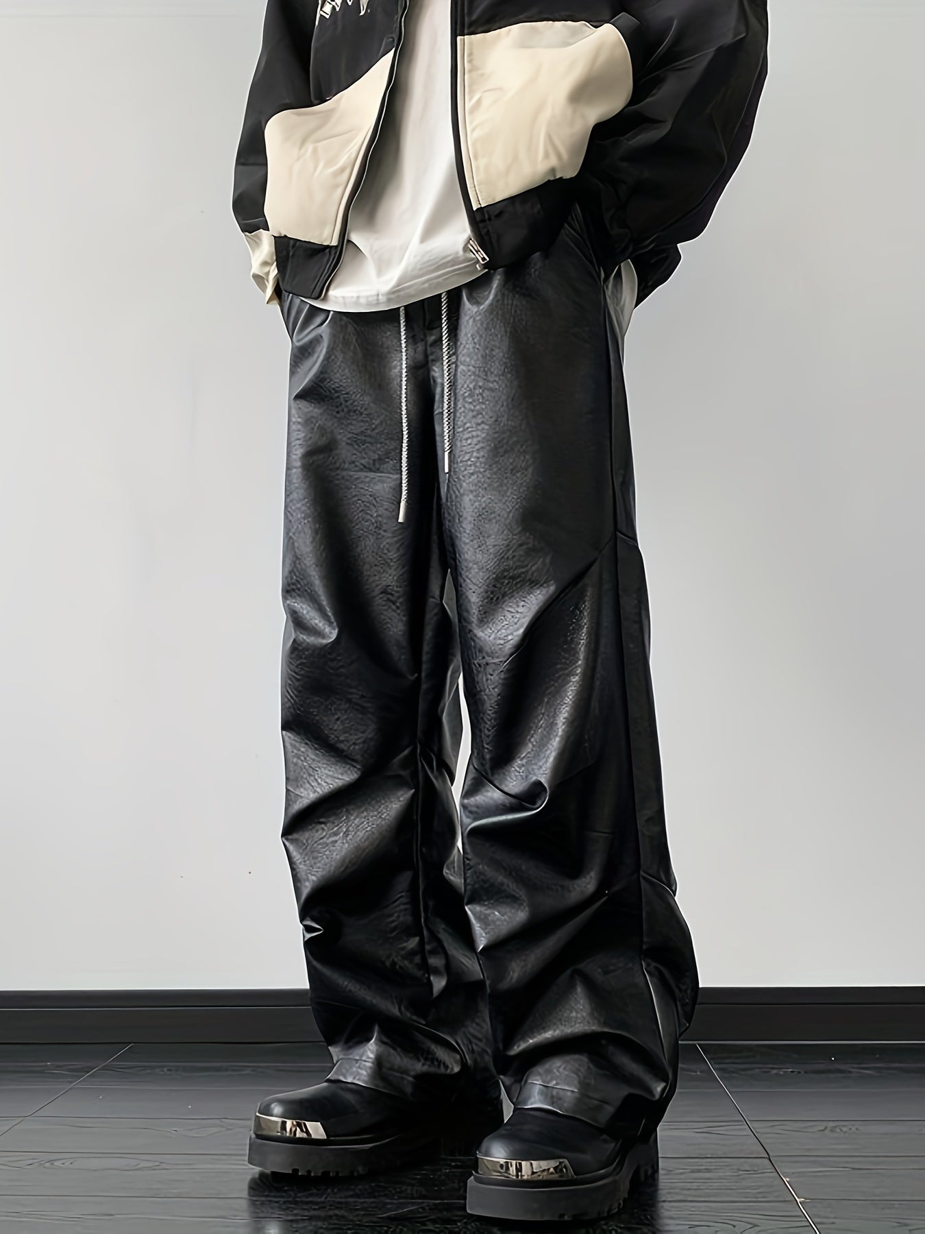 [Loose Fit Faux Leather Pants] Men's Chic Loose Fit Faux Leather Pants, Street Style Baggy Pants K-pop