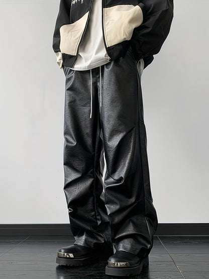 [Loose Fit Faux Leather Pants] Men's Chic Loose Fit Faux Leather Pants, Street Style Baggy Pants K-pop
