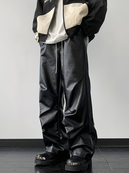 [Loose Fit Faux Leather Pants] Men's Chic Loose Fit Faux Leather Pants, Street Style Baggy Pants K-pop