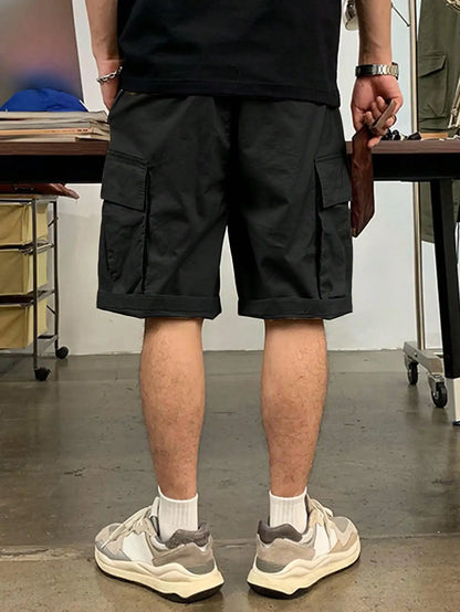 Men's Drawstring Cargo Short Pants, Lightweight Big Flap Pocket Loose Trendy Shorts, Men's Work Pants Outdoors