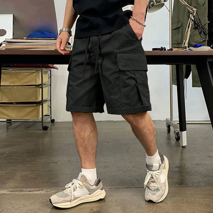 Men's Drawstring Cargo Short Pants, Lightweight Big Flap Pocket Loose Trendy Shorts, Men's Work Pants Outdoors