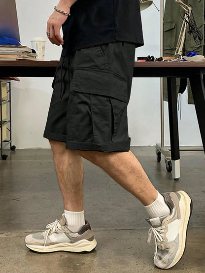 Men's Drawstring Cargo Short Pants, Lightweight Big Flap Pocket Loose Trendy Shorts, Men's Work Pants Outdoors