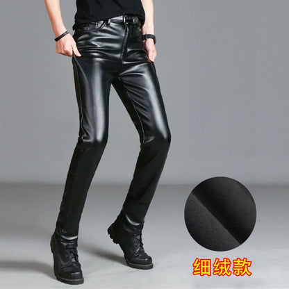 Men's Leather Pants Slim Fit PU Leather Pants Elastic Single Layer Motorcycle Leather Pants Man Waterproof Oil-Proof Young