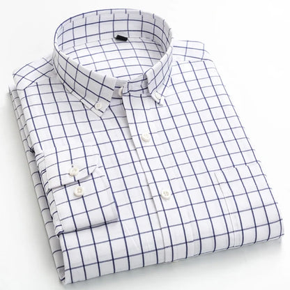 Men's Standard-Fit Long-Sleeve Casual Checked Shirt Single Patch Pocket Button-down Collar Comfortable 100% Cotton Gingham Shirt