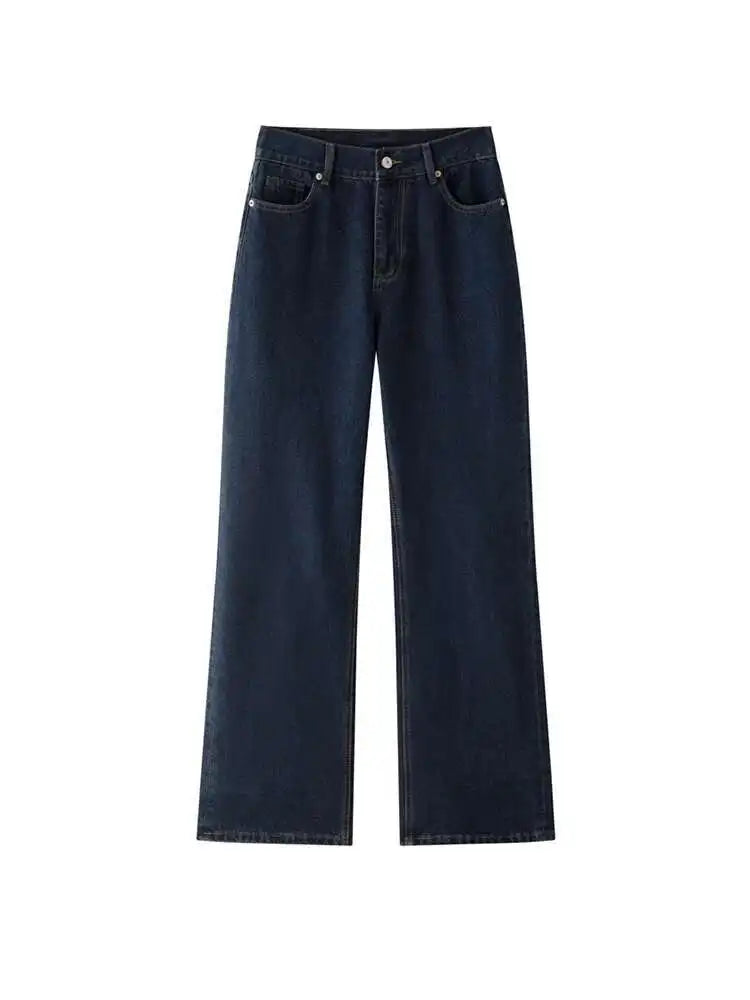 [LANMREM] Office Lady Jeans For Women High Waist Straight Dark Blue Fit Denim Pants Fashion Trousers 2025 Autumn New 26C859