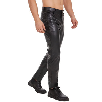 Black Matte Faux Leather Pant Men Slim Fit Pencil Pants Skinny PU Trousers Motorcycle Style Trousers Chic Straight Pant Leggings