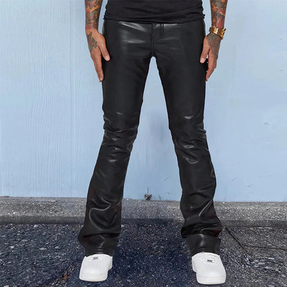 Leather Pants Men Long Pant Solid Mid Waist Casual Regular Pleated Splice Straight Trousers Button Pocket Autumn Winter