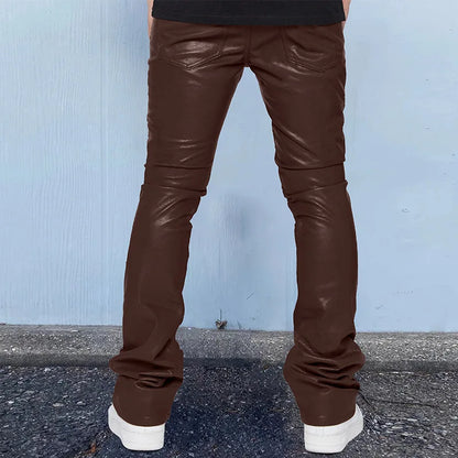 Leather Pants Men Long Pant Solid Mid Waist Casual Regular Pleated Splice Straight Trousers Button Pocket Autumn Winter