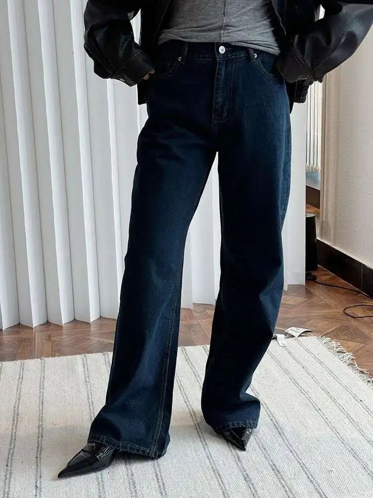 [LANMREM] Office Lady Jeans For Women High Waist Straight Dark Blue Fit Denim Pants Fashion Trousers 2025 Autumn New 26C859