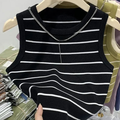 Korean Elegant Chic Knit Vest Stripe Casual Sweet Office Lady Cardigan Women's Sweater Jacket Vintage Basic Tank Top Outerwears