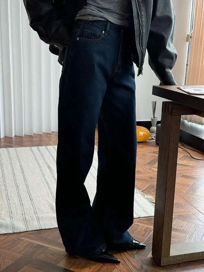 [LANMREM] Office Lady Jeans For Women High Waist Straight Dark Blue Fit Denim Pants Fashion Trousers 2025 Autumn New 26C859