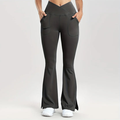 Women Casual Solid V-Waist Pocket Side Vent  Flared Leggings Slim Fit  Fashion Streetwear Lady Pants