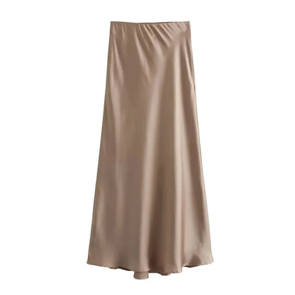 MUJER Satin Long Skirts for Women Draped High Waist Midi Skirt Woman Summer Straight Women's Skirt Holiday Beach Women Skirt